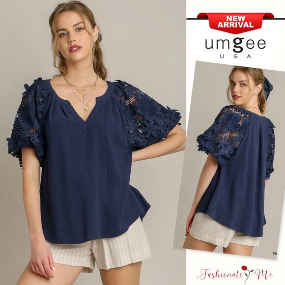 Umgee Linen Contrast Trim V-Neck Blouse main image 0